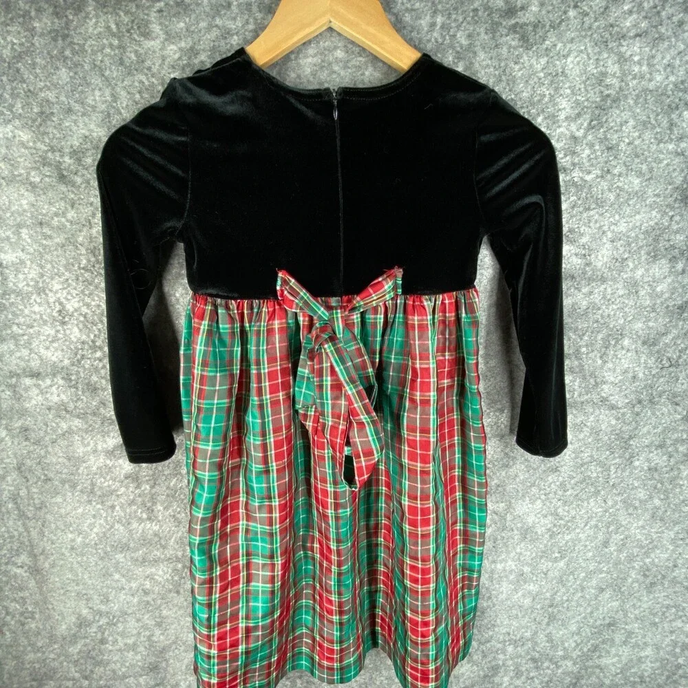 Hartstrings Dress Girls 6X Black Velvet Top Gold Metallic Red Green Plaid Skirt